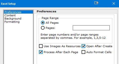 The Preferences screen in the Excel Setup dialog
